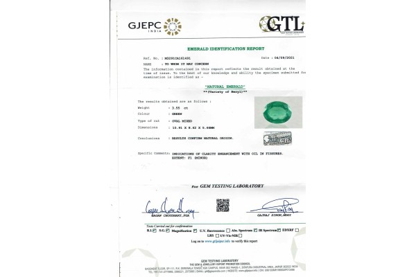 Gem Testing Laboratory | GJEPC Report for 3.55 cts Natural Emerald (Panna)