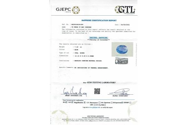 Gem Testing Laboratory | GJEPC Report for 7.33 cts Unheated Natural Blue Sapphire (Neelam)