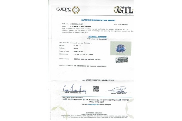 Gem Testing Laboratory | GJEPC Report for 12.66 cts Unheated Natural Blue Sapphire (Neelam) - Earring Pair