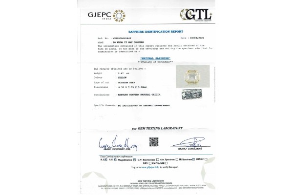 Gem Testing Laboratory | GJEPC Report for 3.47 cts Unheated Natural White Sapphire (White Pukhraj)