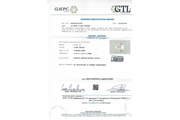 Gem Testing Laboratory | GJEPC Report for 4.03 cts Unheated Natural White Sapphire (White Pukhraj)