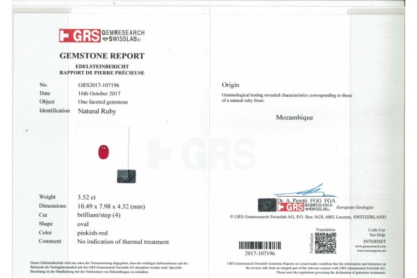 Gem Research SwissLab Report for 3.52 cts Unheated Natural Ruby - Mozambique (Manikya)
