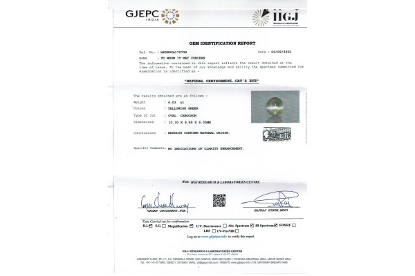 IIGJ Research & Laboratories | GJEPC Report for 6.03 cts Natural Cats Eye (Lehsunia)