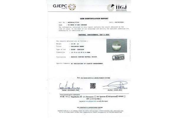 IIGJ Research & Laboratories | GJEPC Report for 10.28 cts Natural Cats Eye (Lehsunia)