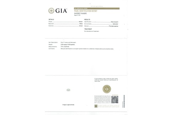 Gemological Institute of America Report for 2.55 cts Natural Pearl (Moti)