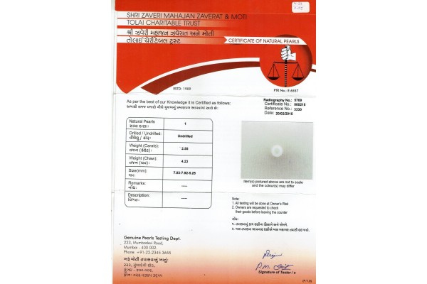 HIRCO Enterprises Pvt Ltd Report for 2.55 cts Natural Pearl (Moti)