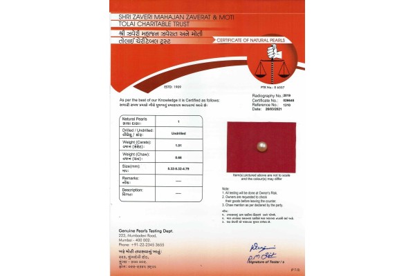 Shri Zaveri Mahajan Zaverat Report for 1.01 cts Natural Pearl (Moti)