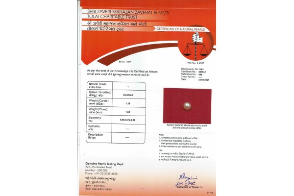 Gemological Institute of America Report for 1.28 cts Natural Pearl (Moti)