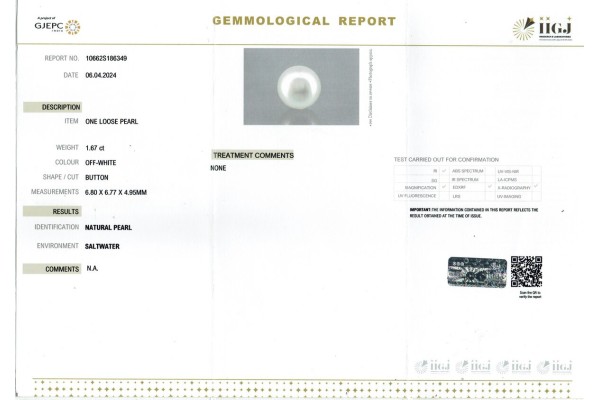 IIGJ Research & Laboratories | GJEPC Report for 1.67 cts Natural Pearl (Moti)
