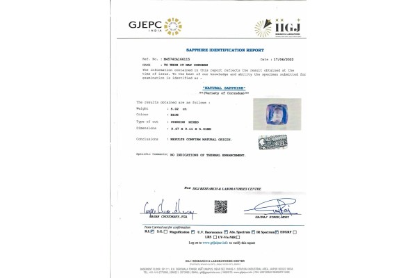 IIGJ Research & Laboratories | GJEPC Report for 5.02 cts Unheated Natural Blue Sapphire (Neelam)