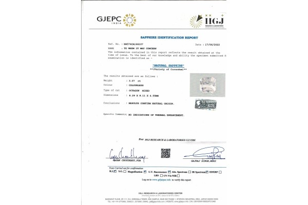 IIGJ Research & Laboratories | GJEPC Report for 3.07 cts Unheated Natural White Sapphire (White Pukhraj)