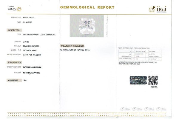 IIGJ Research & Laboratories | GJEPC Report for 2.96 cts Unheated Natural White Sapphire (White Pukhraj)