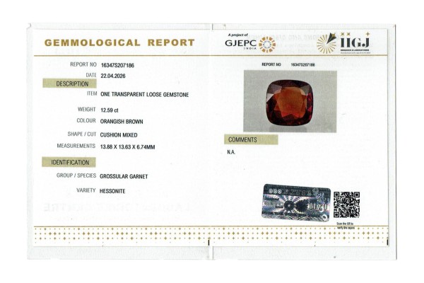 IIGJ Research & Laboratories | GJEPC Report for 12.59 cts Natural Hessonite Garnet (Gomedh)