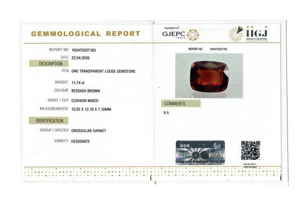 IIGJ Research & Laboratories | GJEPC Report for 11.74 cts Natural Hessonite Garnet (Gomedh)