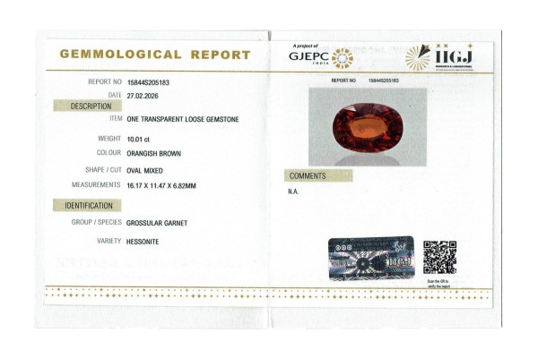 IIGJ Research & Laboratories | GJEPC Report for 10.01 cts Natural Hessonite Garnet (Gomedh)