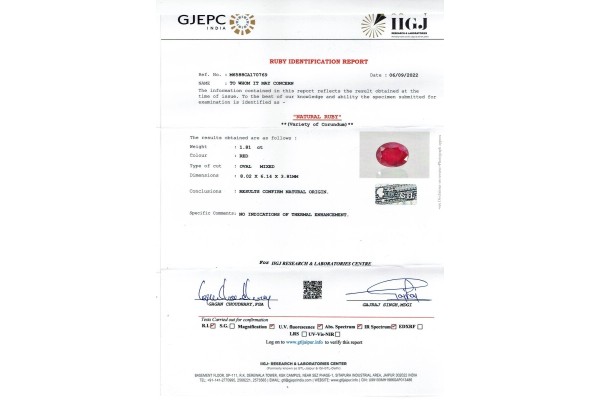 IIGJ Research & Laboratories | GJEPC Report for 1.81 cts Unheated Natural Ruby (Manikya)