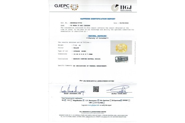 IIGJ Research & Laboratories | GJEPC Report for 7.11 cts Unheated Natural Yellow Sapphire (Pukhraj)