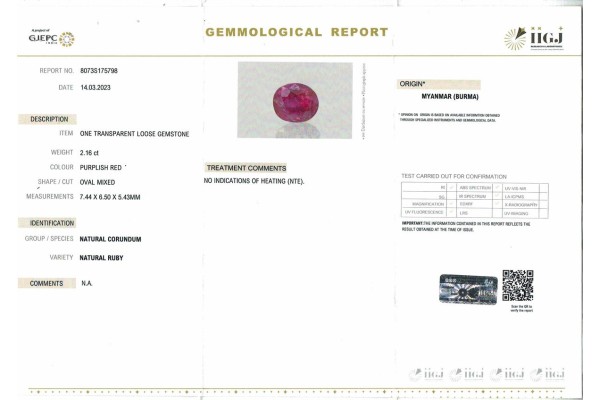 IIGJ Research & Laboratories | GJEPC Report for 2.16 cts Unheated Natural Ruby - Myanmar (Burma) (Manikya)