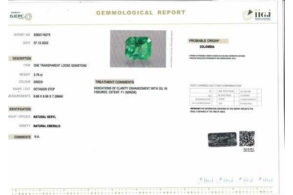 IIGJ Research & Laboratories | GJEPC Report for 3.76 cts Natural Emerald - Colombia (Panna)