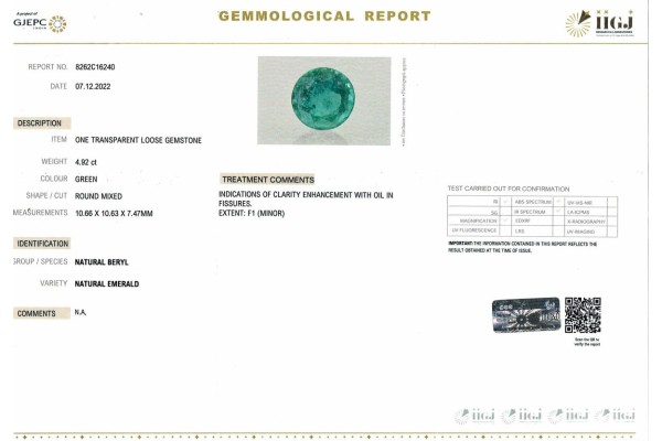 IIGJ Research & Laboratories | GJEPC Report for 4.92 cts Natural Emerald (Panna)