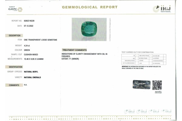 IIGJ Research & Laboratories | GJEPC Report for 4.24 cts Natural Emerald (Panna)