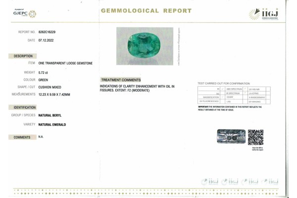 IIGJ Research & Laboratories | GJEPC Report for 5.72 cts Natural Emerald (Panna)