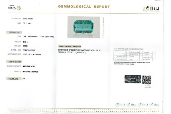 IIGJ Research & Laboratories | GJEPC Report for 4.93 cts Natural Emerald (Panna)