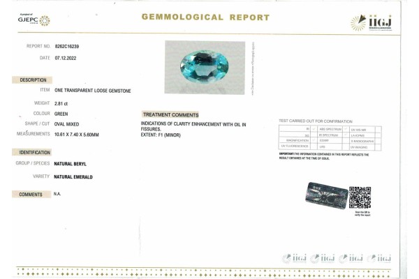 IIGJ Research & Laboratories | GJEPC Report for 2.81 cts Natural Emerald (Panna)
