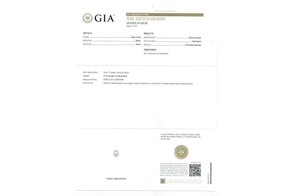 Gemological Institute of America Report for 3.15 cts Natural Pearl (Moti)