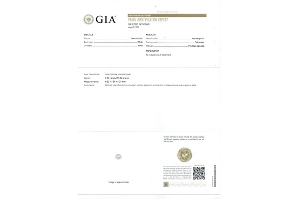 Gemological Institute of America Report for 2.96 cts Natural Pearl (Moti)