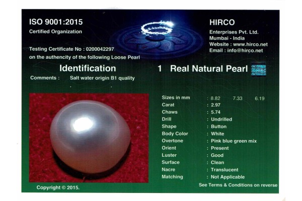 HIRCO Enterprises Pvt Ltd Report for 2.96 cts Natural Pearl (Moti)