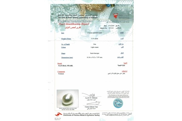 The Gem & Pearl Testing Laboratory of Bahrain Report for 5.34 cts Natural Pearl (Moti)