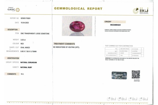 Emteem Gem Laboratory Report for 3.53 cts Unheated Natural Ruby - Mozambique (Manikya)