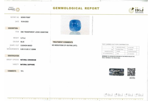IIGJ Research & Laboratories | GJEPC Report for 5.73 cts Unheated Natural Blue Sapphire (Neelam)