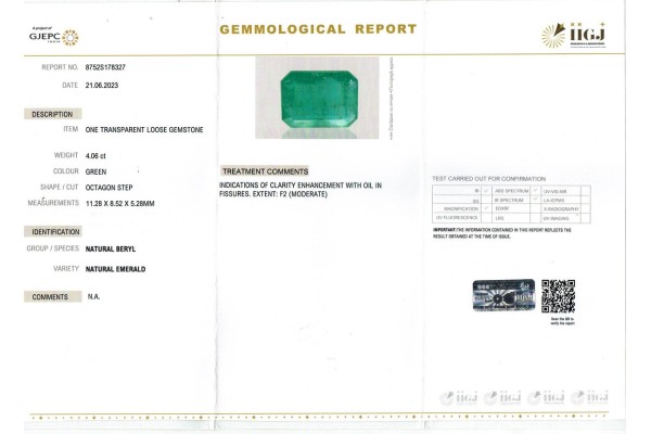 IIGJ Research & Laboratories | GJEPC Report for 4.06 cts Natural Emerald (Panna)