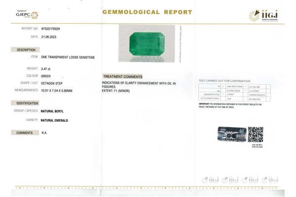 IIGJ Research & Laboratories | GJEPC Report for 3.48 cts Natural Emerald (Panna)