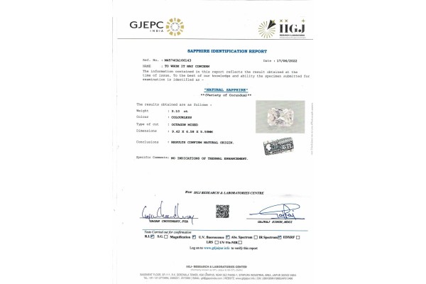 IIGJ Research & Laboratories | GJEPC Report for 3.1 cts Unheated Natural White Sapphire (White Pukhraj)