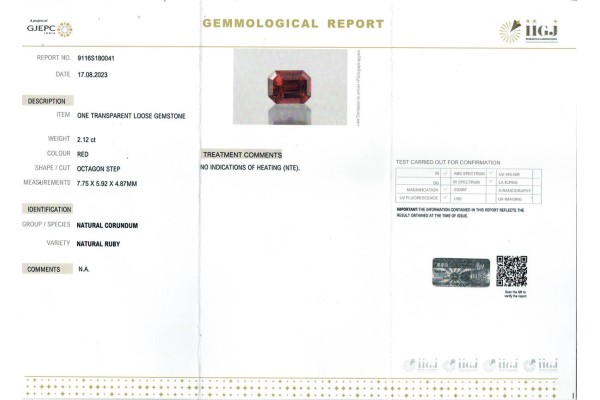 IIGJ Research & Laboratories | GJEPC Report for 2.12 cts Unheated Natural Ruby (Manikya)