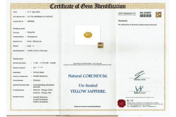 Gemmological Institute of Colombo Report for 6.62 cts Unheated Natural Yellow Sapphire (Pukhraj)
