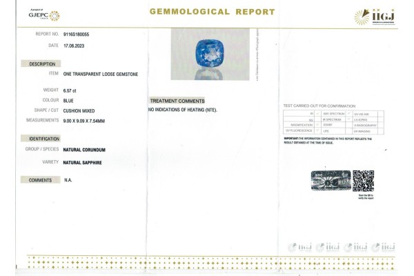 IIGJ Research & Laboratories | GJEPC Report for 6.57 cts Unheated Natural Blue Sapphire (Neelam)