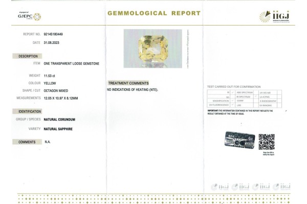 IIGJ Research & Laboratories | GJEPC Report for 11.53 cts Unheated Natural Yellow Sapphire (Pukhraj)