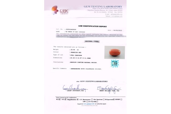 Gem Testing Laboratory | GJEPC Report for 23.82 cts Natural Coral (Moonga)