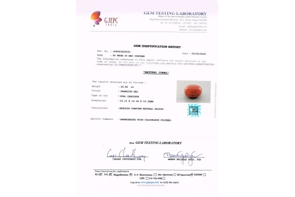 Gem Testing Laboratory | GJEPC Report for 26.83 cts Natural Coral (Moonga)