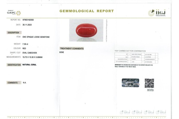 IIGJ Research & Laboratories | GJEPC Report for 7.39 cts Natural Coral (Moonga)