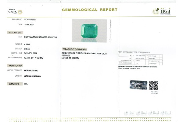 IIGJ Research & Laboratories | GJEPC Report for 4.55 cts Natural Emerald (Panna)