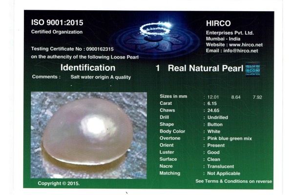 HIRCO Enterprises Pvt Ltd Report for 6.14 cts Natural Pearl (Moti)
