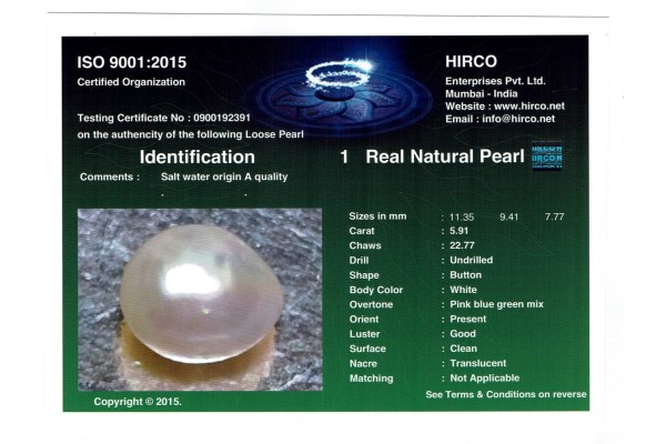 HIRCO Enterprises Pvt Ltd Report for 5.91 cts Natural Pearl (Moti)