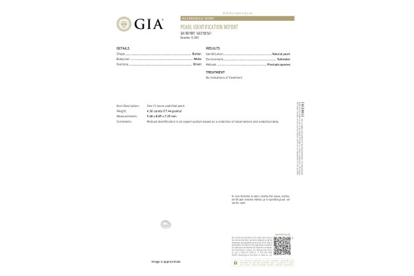 Gemological Institute of America Report for 4.36 cts Natural Pearl (Moti)