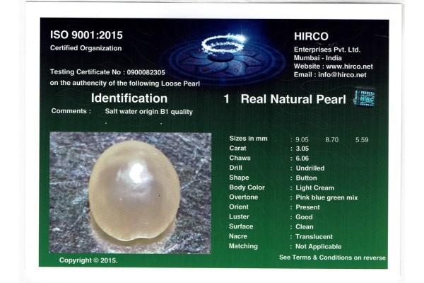 HIRCO Enterprises Pvt Ltd Report for 3.05 cts Natural Pearl (Moti)