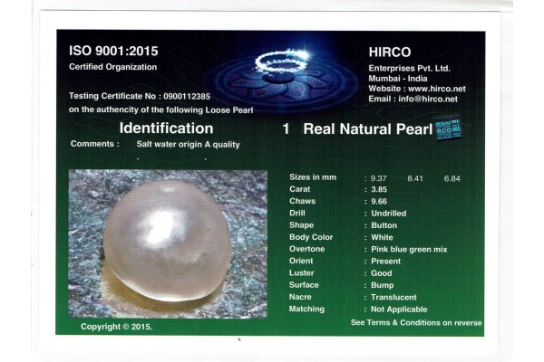 HIRCO Enterprises Pvt Ltd Report for 3.85 cts Natural Pearl (Moti)